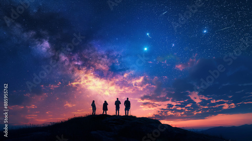 Four Silhouettes Admire the Milky Way and Shooting Stars at Sunset