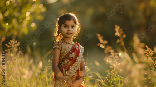 a little Indian girl in a national costume stands in a clearing