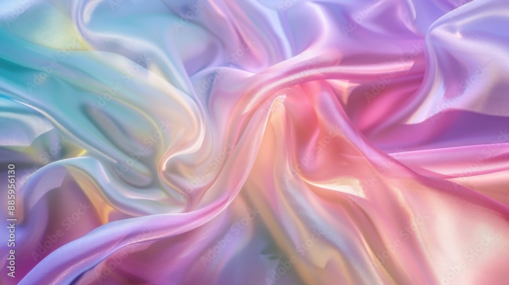 Obraz premium Iridescent fabric background showcasing a pastel colorful spectrum of liquid flow, with soft, luminous colors blending seamlessly together to create a tranquil and serene atmosphere.