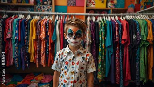 Kid in face paint standing by rack of colorful shirts, deciding on dress-up outfit