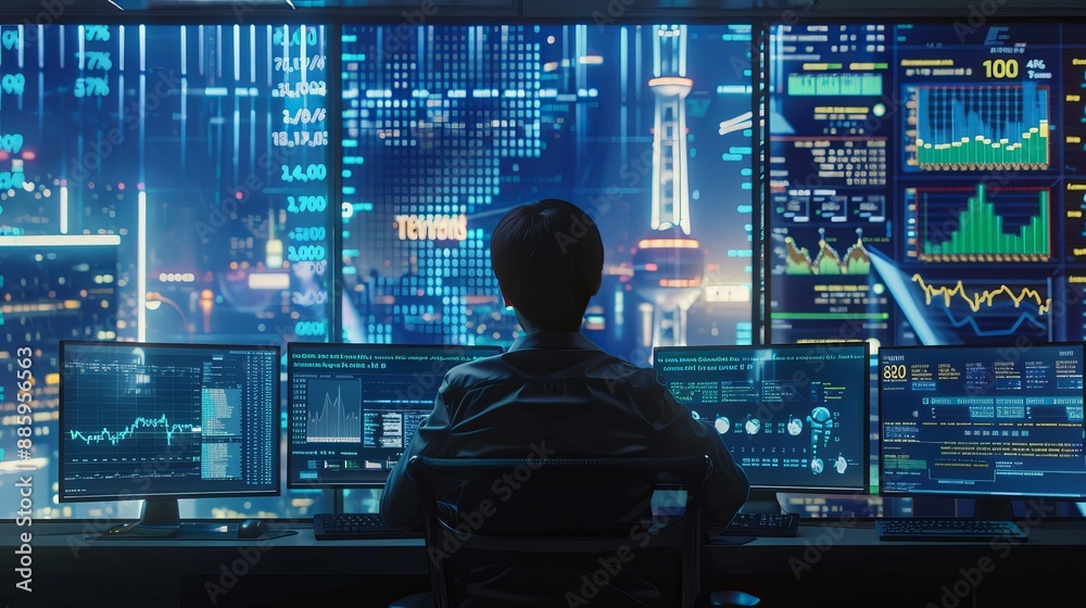 Digital Wizardry Mastering Finance and Technology Person immersed in screens of charts and code showcasing expertise and innovation in modern digital world Digital Wizardry Mastering Finance and Technology Person immersed in screens of charts and code showcasing expertise and innovation in modern digital world