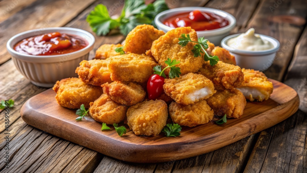 Crispy golden fried chicken nuggets heap on rustic wooden platter with ketchup accompaniment, evoking appetizing comfort food satisfaction. Crispy golden fried chicken nuggets heap on rustic wooden platter with ketchup accompaniment, evoking appetizing comfort food satisfaction.
