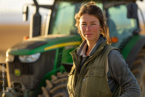 Smiling portrait of a middle aged female farmer working and living on a farm with a tractor in the background
