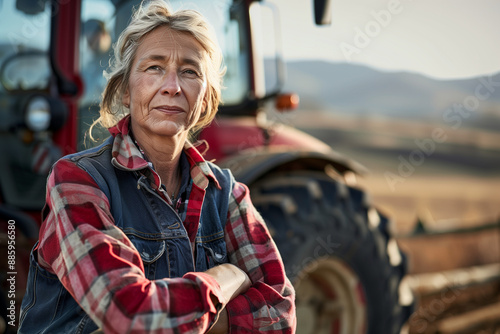 Smiling portrait of a middle aged female farmer working and living on a farm with a tractor in the background