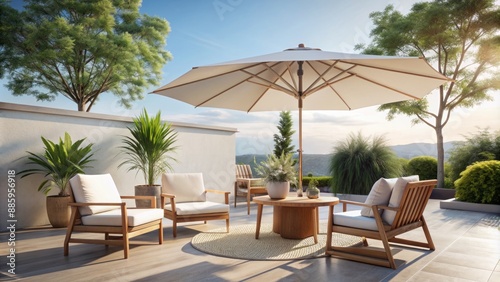 Wallpaper Mural Serene outdoor setting featuring a white umbrella shading chic chairs on a sun-kissed patio against a pure white background. Torontodigital.ca