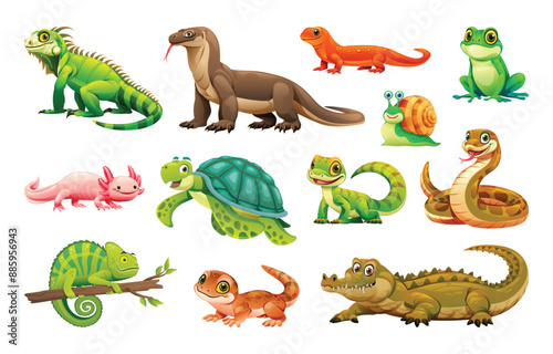 Collection of various reptiles including iguana, snake, and turtle. Vector cartoon illustration
