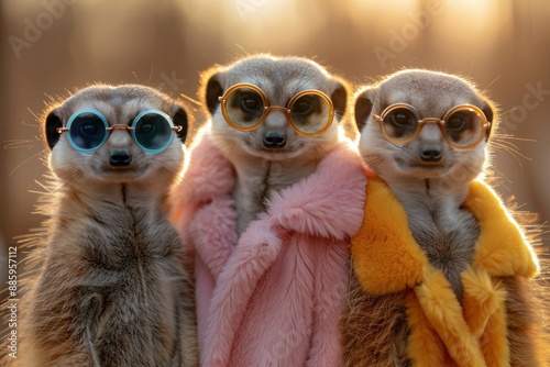 Stylish and Humorous Meerkats in Colorful Fur Coats and Sunglasses on Bright Orange Background