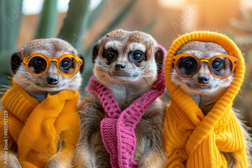 Stylish Meerkat Squad in Colorful Attire for Birthday Party Invite with Copy Space on Solid Background