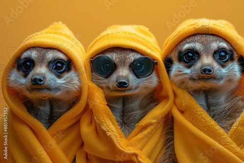 Stylish Meerkat Squad in Colorful Attire for Birthday Party Invite with Copy Space on Solid Background