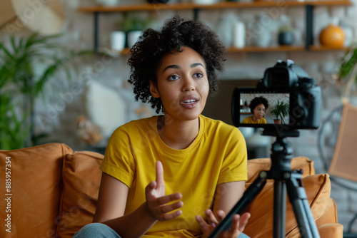 Cheerful young African American female blogger recording video on camera while preparing content for social networks at home