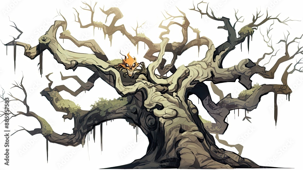 Spooky haunted tree, twisted branches, glowing eyes, Watercolor style Spooky haunted tree, twisted branches, glowing eyes, Watercolor style