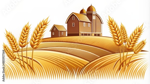 Rolling hills, golden wheat, and rustic barns create a serene rural landscape vector design for an agriculture logo template background. photo