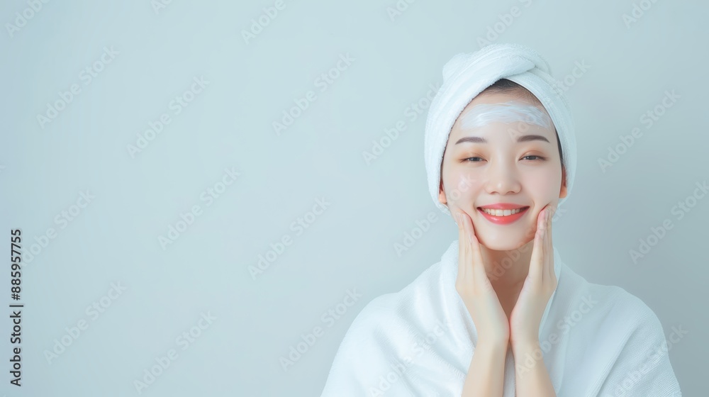 Smiling Woman with Face Mask in Towel Smiling Woman with Face Mask in Towel