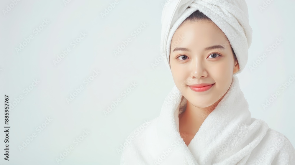 Woman in White Bathrobe with Towel Wrapped Hair Woman in White Bathrobe with Towel Wrapped Hair