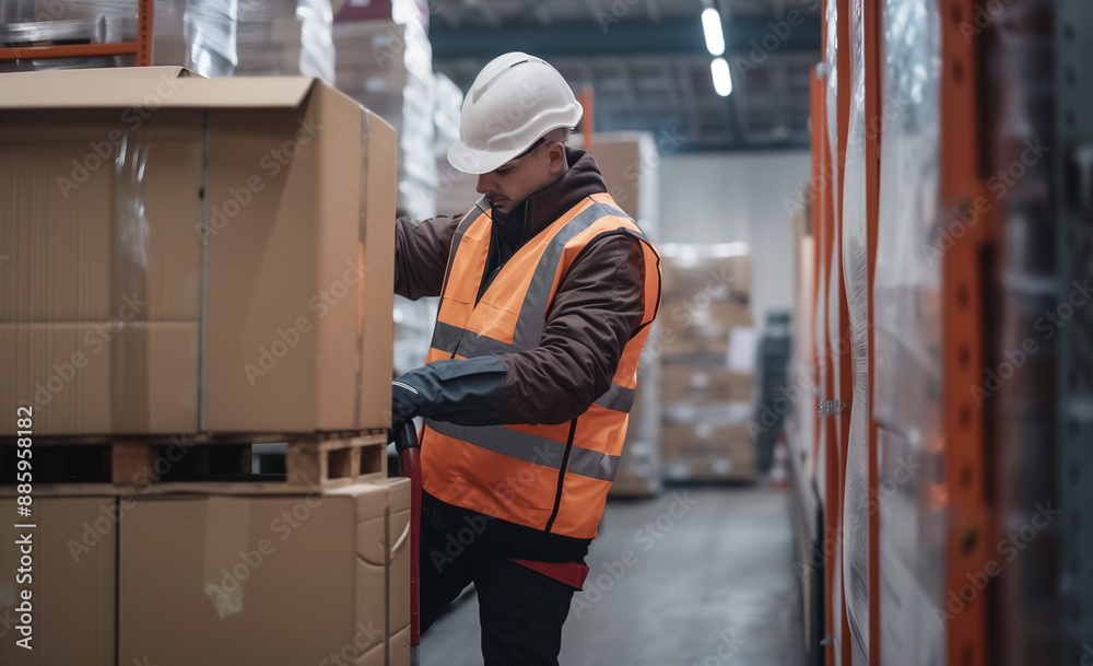 Warehouse employee holding a loaded pallet jack in a logistics centre Warehouse employee holding a loaded pallet jack in a logistics centre