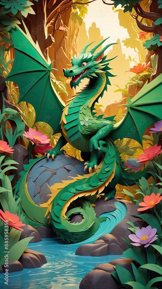 Fototapeta premium A mesmerizing paper-cut animation of the green dragon comes to life on the screen