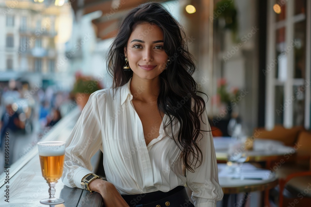 A young woman with long dark hair smiles at the camera while sitting at an outdoor cafe. She holds a glass of wine in her hand. The cafe is bustling with activity. A young woman with long dark hair smiles at the camera while sitting at an outdoor cafe. She holds a glass of wine in her hand. The cafe is bustling with activity.