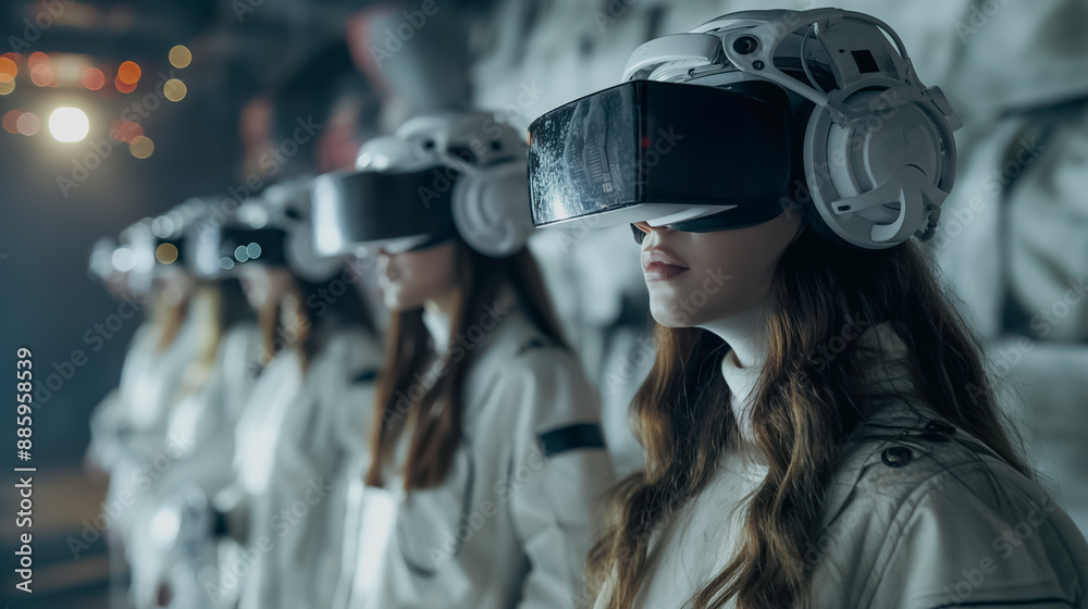 Diverse group using VR headsets in a futuristic room with holographic interfaces, sleek modern high-tech atmosphere Diverse group using VR headsets in a futuristic room with holographic interfaces, sleek modern high-tech atmosphere