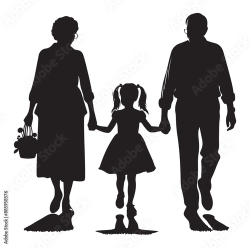 Child enjoying with grandfather and grandmother silhouette vector illustrator design.