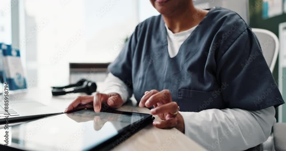 Nurse, typing and tablet for prescription in office, medical report or website for feedback with Telehealth. Tech, hand and healthcare professional for results, email or female person for medicare
