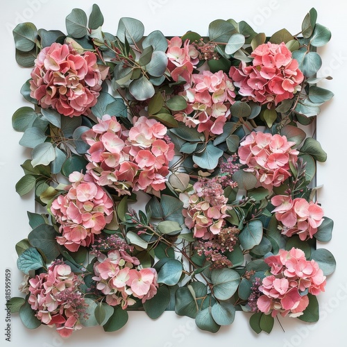 A square frame overflows with a profusion of flowers. Fluffy pink hydrangea blossoms jostle for space with eucalyptus branches dotted with fragrant green leaves, creating a sense of overflowing abunda photo