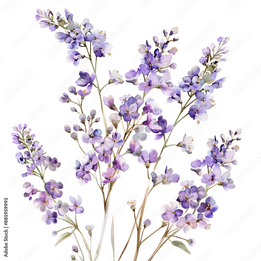 Fototapeta premium Watercolor Purple Lavender Isolated on White Background. Beautiful Lavender Flower