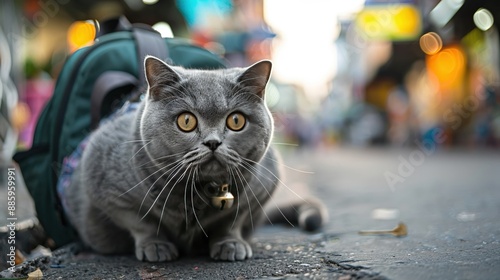 A chubby cute gray British Shorthair cat, wearing a travel backpack, in the morning at Khao San Road, realistic photo, using a Canon EF 1635mm f28L III USM lens on a Canon EOS 5D Mark IV camera photo