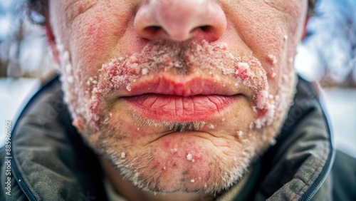 Close-up of cracked and flaky dry winter skin on nose and lips, with redness and irritation, on a neutral background. photo