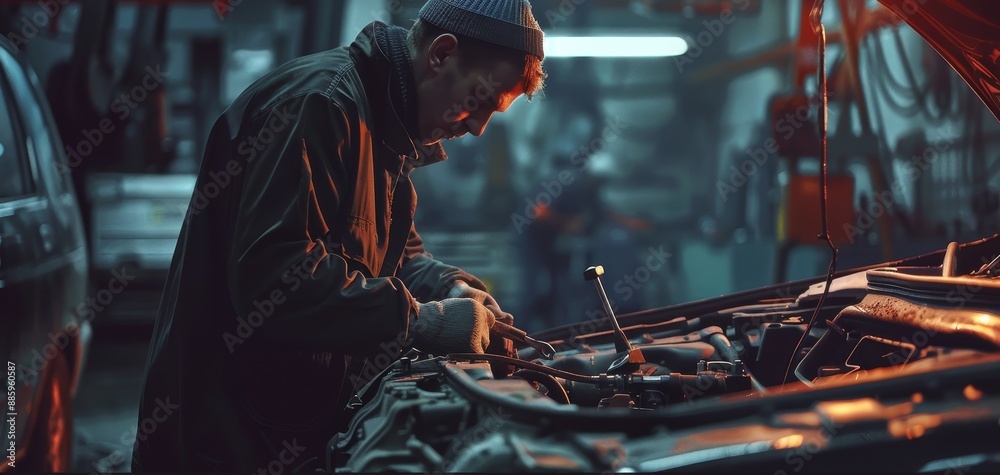 Skilled Mechanic Expertly Repairing Engine Beneath Car Hood Automotive Maintenance and Service Concept Skilled Mechanic Expertly Repairing Engine Beneath Car Hood Automotive Maintenance and Service Concept