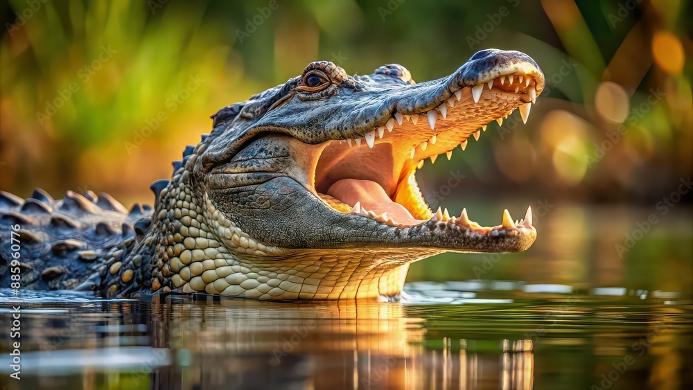 Fototapeta premium Alligator emerging from water with open mouth ready to snap at prey, alligator, wildlife, predator, danger, reptile, carnivore, animal