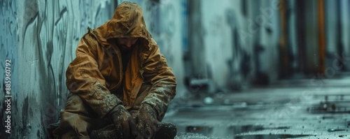 Isolated homeless individual in alleyway, sitting with head down, selective focus, despair and neglect theme, dynamic, overlay, gritty urban backdrop photo