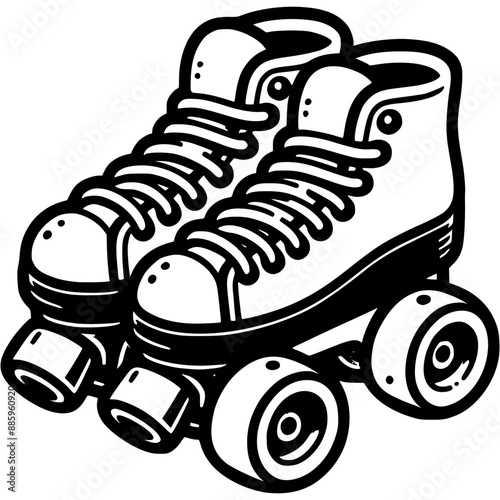 Pair of four wheel roller skates in monochrome. Shoes on wheels for learning to roller skate. Simple minimalistic vector in black ink drawing on transparent background