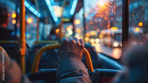 Passenger hand holder, grey, on public bus, functional design, copy space, commuter convenience theme, realistic, blend mode, transit backdrop