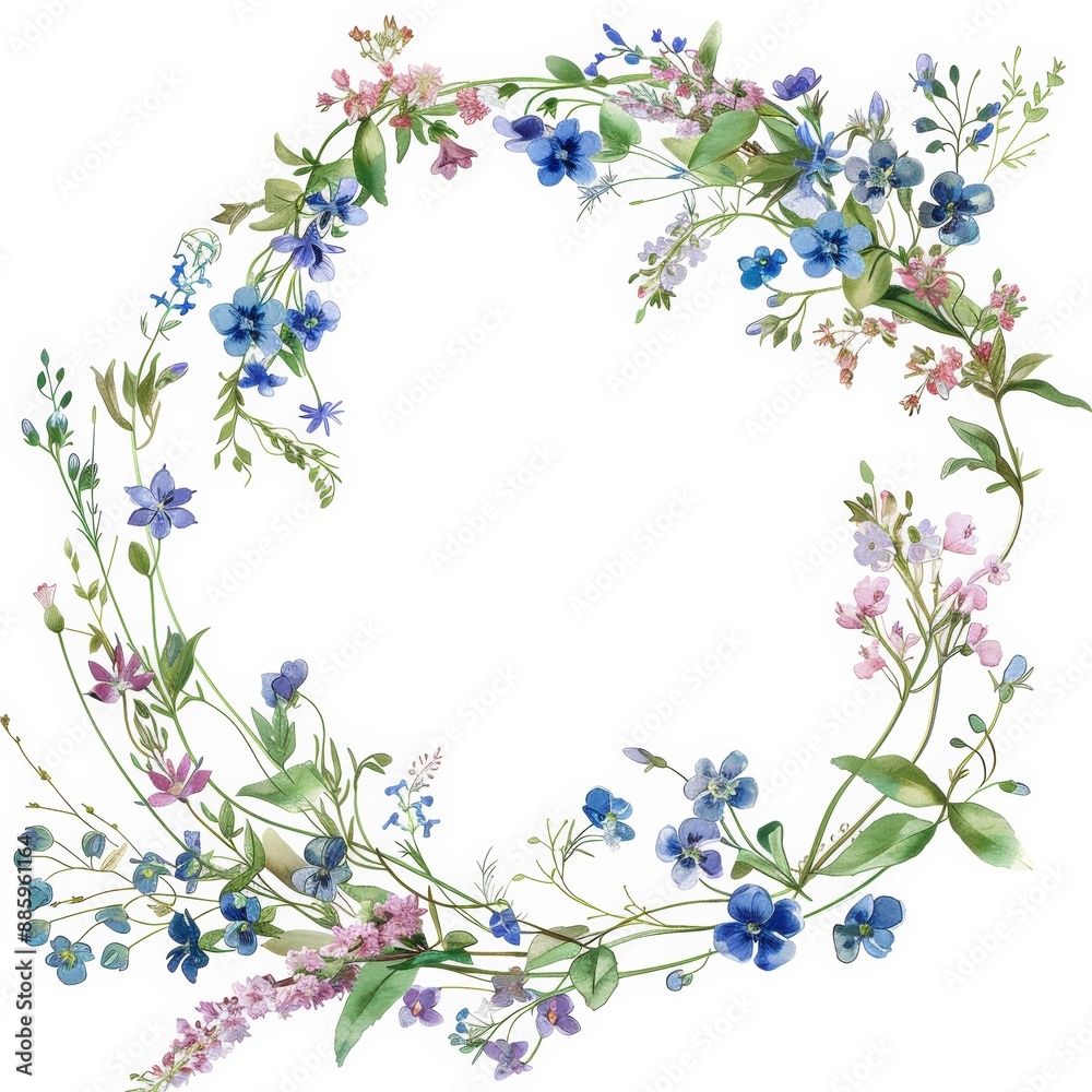 Fototapeta premium A delicate crown of watercolor wildflowers, such as forget-me-nots and violets, frames the white background, creating a feeling of airy elegance.