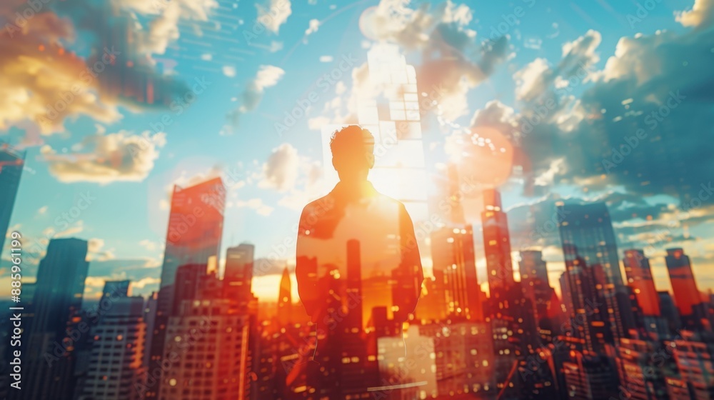 Fototapeta premium Silhouette of a person against a vibrant cityscape at sunrise, symbolizing urban life, growth, and possibilities in the modern world.