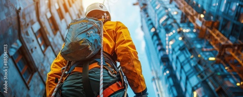 Rope access technician with safety gear