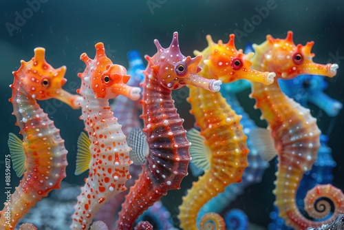 Colorful Seahorse Group in Fashionable Outfits - Isolated on Solid Background with Copy Space for Birthday Party Invites and Advertisements photo