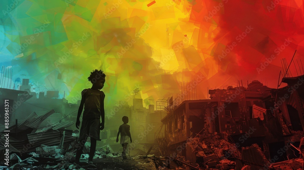 Two silhouettes stand amid ruins under a vibrant colorful sky, symbolizing hope and resilience in a post-apocalyptic world. Two silhouettes stand amid ruins under a vibrant colorful sky, symbolizing hope and resilience in a post-apocalyptic world.