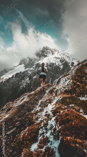 Photographic picture, a person running on the mountain, back view, passionate running, crosscountry running, closeup, looking up