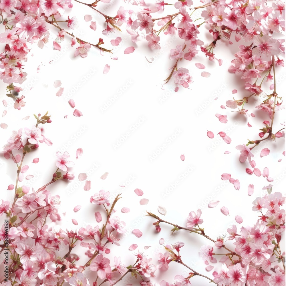 Naklejka premium Delicate pink cherry blossoms dance across a white background, creating a dreamy and romantic frame with a touch of Japanese inspiration.