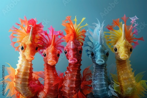 Colorful Seahorse Group in Fashionable Outfits - Isolated on Solid Background with Copy Space for Birthday Party Invites and Advertisements photo