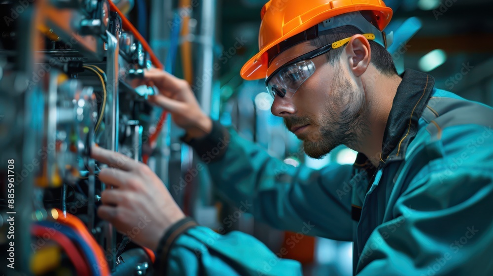 AC technician performing a diagnostic test on a factory HVAC system AC technician performing a diagnostic test on a factory HVAC system