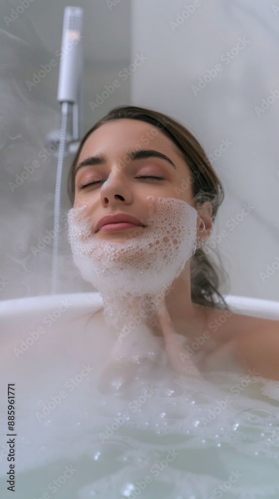 Woman in bathtub with facial steamer, white background, deep skincare Woman in bathtub with facial steamer, white background, deep skincare