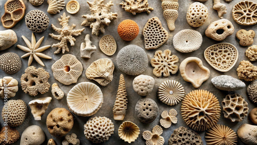 Coral fossil collection showcasing various shapes and sizes of ancient