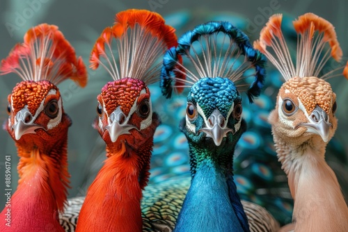 Colorful Peacock Group in Fashionable Outfits, Isolated on Solid Background - Perfect for Advertisement or Birthday Party Invite with Copy Text Space photo