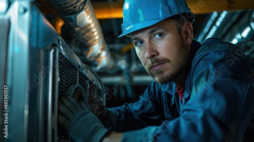 AC technician performing preventive maintenance on an industrial HVAC system, natural photograph