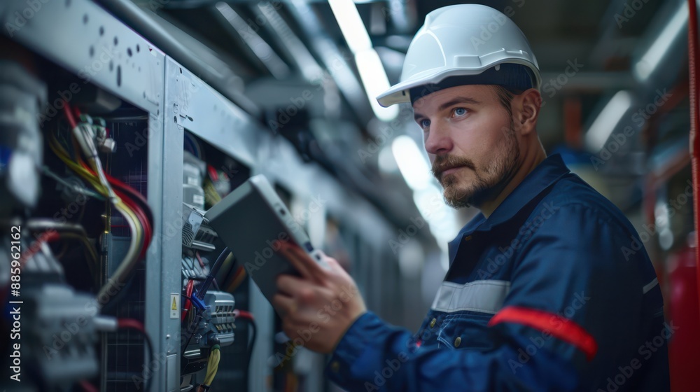 AC technician performing routine inspections on an industrial unit, lifelike photograph AC technician performing routine inspections on an industrial unit, lifelike photograph