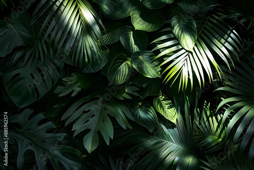 Lush Tropical Foliage with Dense Green Leaves and Patterns in Jungle Canopy