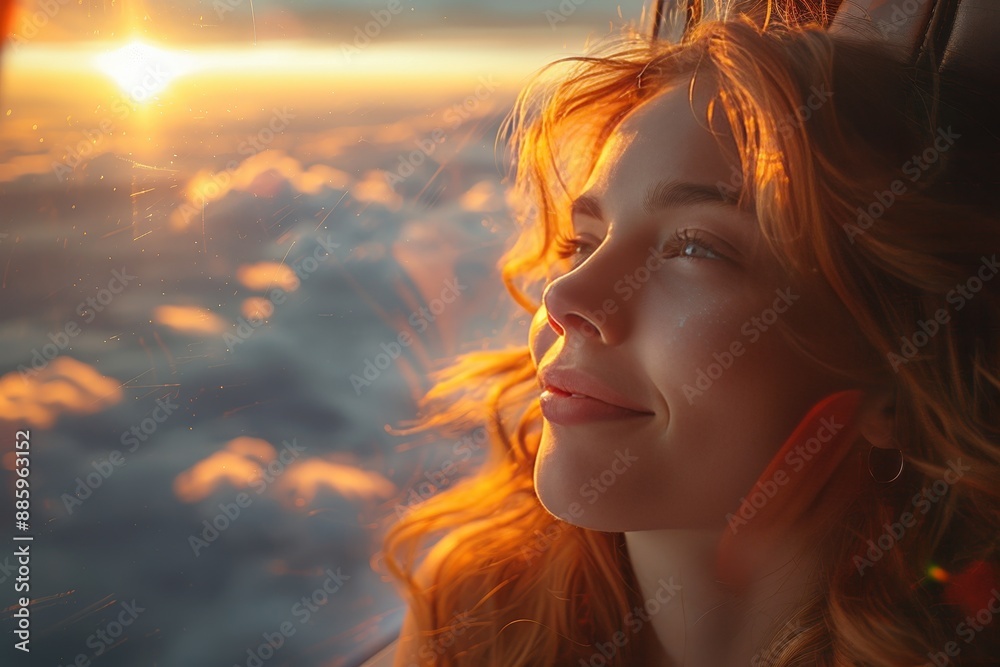 Teenager happily looking out the window while seated on a plane during the flight Teenager happily looking out the window while seated on a plane during the flight