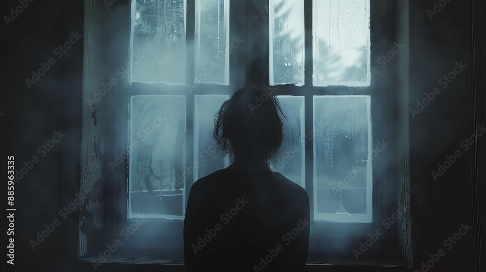 Silhouette of Solitude Enigmatic Figure Contemplating Through Misty Glass Silhouette of Solitude Enigmatic Figure Contemplating Through Misty Glass
